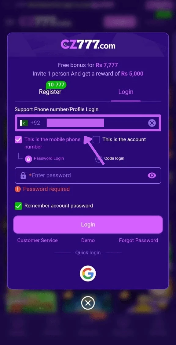 Enter your registered mobile number on the CZ777 Game login screen