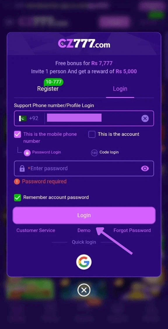 Press the Login button to sign in to CZ777 Game